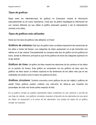 Equipo numero 1 204 13/12/2015
Página 4
Tipos de graficas
Elegir entre los diferentes tipos de gráficos en Excel para mostrar la información
adecuadamente es de suma importancia. Cada tipo de gráfico desplegará la información de
una manera diferente así que utilizar el gráfico adecuado ayudará a dar la interpretación
correcta a los datos.
Tipos de gráficos más utilizados
Estos son los tipos de gráficos más utilizados en Excel:
Gráficos de columna. Este tipo de gráfico hace un énfasis especial en las variaciones de
los datos a través del tiempo. Las categorías de datos aparecerán en el eje horizontal y los
valores en el eje vertical. Frecuentemente se compara este tipo de gráfico con los gráficos de
barra, donde la diferencia principal es que en los gráficos de barra las categorías aparecen en
el eje vertical.
Gráficos de línea. Un gráfico de línea muestra las relaciones de los cambios en los datos
en un período de tiempo. Este gráfico es comparado con los gráficos de área, pero los
gráficos de línea hacen un énfasis especial en las tendencias de los datos más que en las
cantidades de cambio como lo hacen los gráficos de área.
Gráficos circulares. También conocidos como gráficos de pie (en inglés) o gráficos de
pastel. Estos gráficos pueden contener una sola serie de datos ya que muestran los
porcentajes de cada una de las partes respecto al total.
En un gráfico circular se pueden representar datos contenidos en una columna o una fila de
una hoja de cálculo. Los gráficos circulares muestran el tamaño de los elementos de una serie
de datos, en proporción a la suma de los elementos. Los puntos de datos de un gráfico
circular se muestran
 