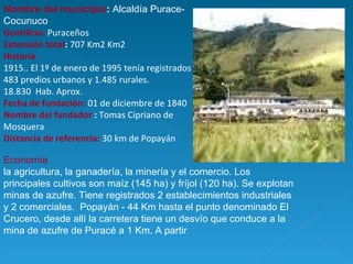 Nombre del municipio :  Alcaldía Purace-Cocunuco Gentilicio:   Puraceños  Extensión total :  707 Km2 Km2 Historia 1915.. El 1º de enero de 1995 tenía registrados 483 predios urbanos y 1.485 rurales.  18.830  Hab. Aprox. Fecha de fundación:   01 de diciembre de 1840 Nombre del fundador  :  Tomas Cipriano de Mosquera Distancia de referencia:   30 km de Popayán Economía  la agricultura, la ganadería, la minería y el comercio. Los principales cultivos son maíz (145 ha) y fríjol (120 ha). Se explotan minas de azufre. Tiene registrados 2 establecimientos industriales y 2 comerciales.  Popayán - 44 Km hasta el punto denominado El Crucero, desde allí la carretera tiene un desvío que conduce a la mina de azufre de Puracé a 1 Km. A partir  