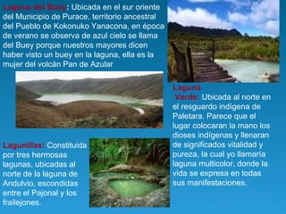 Laguna del Buey :  Ubicada en el sur oriente del Municipio de Purace, territorio ancestral del Pueblo de Kokonuko Yanacona,  en época de verano se observa de azul cielo  se llama del Buey porque nuestros mayores dicen haber visto un buey en la laguna, ella es la mujer del volcán Pan de Azular Laguna Verde:   Ubicada al norte en el resguardo indígena de Paletara. Parece que el lugar colocaran la mano los dioses indígenas y llenaran de significados vitalidad y pureza, la cual yo llamaría laguna multicolor, donde la vida se expresa en todas sus manifestaciones.  Lagunillas:   Constituida por tres hermosas lagunas, ubicadas al norte de la laguna de Andulvio, escondidas entre el Pajonal y los frailejones. 