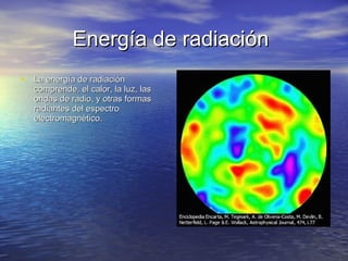 Energía de radiación   La energía de radiación comprende, el calor, la luz, las ondas de radio, y otras formas radiantes del espectro electromagnético. 
