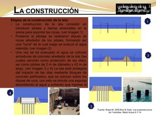 Etapas de la construcción de la isla:
• La construcción de la isla consistió en
introducir pilotes y barras amarradas en la
arena para soportar las rocas. (ver imagen 1)
• Posterior al pilotaje se realizaron diques de
rocas alrededor de los pilotes, formando así
una "cuna" de la cual luego se evacuó el agua
retenida. (ver imagen 2)
• Una vez se ha evacuado el agua se colocan
armaduras de concreto alrededor de la isla (las
cuales servirán como protección de las olas),
así como pilotes de 2 m de diámetro y 43 m de
largo. (ver imagen 3 y 4) La isla está protegida
del impacto de las olas mediante bloques de
concreto perforados, que se colocan sobre los
diques de roca, con esto se simula una esponja
absorbiendo el agua y evitando que ingrese al
interior de la isla.
LA CONSTRUCCIÓN
SEMINARIO DE LA
CONSTRUCCION
Fuente: Rojas M. 2005.Burj Al Arab, una superestructura
de 7 estrellas. Metal Actual 8 7-14
1
2
4
3
 