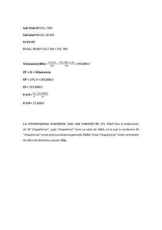 Sub-Total CF=213, 7 BSF
Sub-total CV=161, 00 BSF
CI=CV+CF
CI=161, 00 BSF+213,7 BSF= 374, 7Bsf
% Ganancia (40%) =
𝐶𝐼 𝑋 40
100
=
374,7𝐵𝑠𝑓 𝑋 40
100
= 149,88Bsf
CP = CI + %Ganancia
CP = 374, 8 +149,88Bsf
CP = 523,88Bsf
P.V.P=
𝐶𝑃
𝑅
=
523 ,88𝐵𝑠𝑓
30
P.V.P= 17,46Bsf
La microempresa ricachamix, tuvo una inversión de 373, 15Bsf Para la elaboración
de 30 “chapahorias”, cada “chapahoria” tiene un valor de 15Bsf, en la cual si vendemos 30
“chapahorias”a este precioestaríamosganando 450Bsf. Estas “chapahorias” miden alrededor
de 10cm de diámetro y pesan 100g.
 