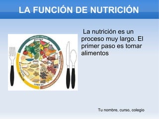 LA FUNCIÓN DE NUTRICIÓN
La nutrición es un
proceso muy largo. El
primer paso es tomar
alimentos

Tu nombre, curso, colegio

 