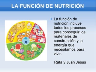 LA FUNCIÓN DE NUTRICIÓN


La función de
nutrición incluye
todos los procesos
para conseguir los
materiales de
construcción y la
energía que
necesitamos para
vivir.
Rafa y Juan Jesús

 