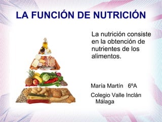 LA FUNCIÓN DE NUTRICIÓN
La nutrición consiste
en la obtención de
nutrientes de los
alimentos.

María Martín 6ºA
Colegio Valle Inclán
Málaga

 