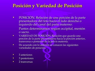 Posición y Variedad de Posición <ul><li>POSICIÓN: Relación de una porción de la parte presentadora del feto hacia el lado ...