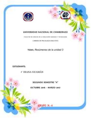 UNIVERSIDAD NACIONAL DE CHIMBORAZO
FACULTAD DE CIENCIAS DE LA EDUCACIÓN HUMANAS Y TECNOLOGÍAS
CARRERA DE PSICOLOGÍA EDUCATIVA
TEMA: Resúmenes de la unidad 3
ESTUDIANTE:
 DIANA GUAMÁN
SEGUNDO SEMESTRE “A”
OCTUBRE 2016 - MARZO 2017
GRUPO N.- 6
 