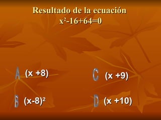 Resultado de la ecuación  x 2 -16+64=0 (x +8) (x-8) 2 (x +10) (x +9) 