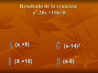 Resultado de la ecuación  x 2 -28x +196=0 (x +9) (X +16) (x-6) (x-14) 2 