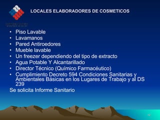 LOCALES ELABORADORES DE COSMETICOS Piso Lavable Lavamanos Pared Antiroedores Mueble lavable Un freezer dependiendo del tipo de extracto Agua Potable Y Alcantarillado Director Técnico (Químico Farmacéutico) Cumplimiento Decreto 594 Condiciones Sanitarias y Ambientales Básicas en los Lugares de Trabajo y al DS 239 Se solicita Informe Sanitario  