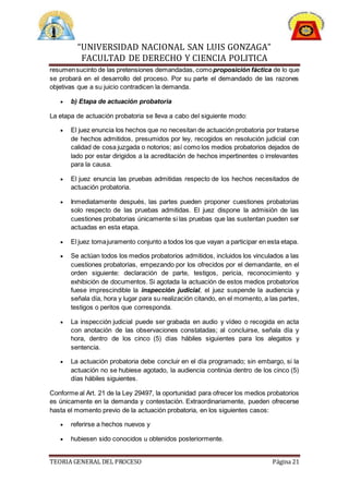 “UNIVERSIDAD NACIONAL SAN LUIS GONZAGA”
FACULTAD DE DERECHO Y CIENCIA POLITICA
TEORIA GENERAL DEL PROCESO Página 21
resumensucinto de las pretensiones demandadas, comoproposición fáctica de lo que
se probará en el desarrollo del proceso. Por su parte el demandado de las razones
objetivas que a su juicio contradicen la demanda.
 b) Etapa de actuación probatoria
La etapa de actuación probatoria se lleva a cabo del siguiente modo:
 El juez enuncia los hechos que no necesitan de actuación probatoria por tratarse
de hechos admitidos, presumidos por ley, recogidos en resolución judicial con
calidad de cosa juzgada o notorios; así como los medios probatorios dejados de
lado por estar dirigidos a la acreditación de hechos impertinentes o irrelevantes
para la causa.
 El juez enuncia las pruebas admitidas respecto de los hechos necesitados de
actuación probatoria.
 Inmediatamente después, las partes pueden proponer cuestiones probatorias
solo respecto de las pruebas admitidas. El juez dispone la admisión de las
cuestiones probatorias únicamente si las pruebas que las sustentan pueden ser
actuadas en esta etapa.
 El juez tomajuramento conjunto a todos los que vayan a participar en esta etapa.
 Se actúan todos los medios probatorios admitidos, incluidos los vinculados a las
cuestiones probatorias, empezando por los ofrecidos por el demandante, en el
orden siguiente: declaración de parte, testigos, pericia, reconocimiento y
exhibición de documentos. Si agotada la actuación de estos medios probatorios
fuese imprescindible la inspección judicial, el juez suspende la audiencia y
señala día, hora y lugar para su realización citando, en el momento, a las partes,
testigos o peritos que corresponda.
 La inspección judicial puede ser grabada en audio y vídeo o recogida en acta
con anotación de las observaciones constatadas; al concluirse, señala día y
hora, dentro de los cinco (5) días hábiles siguientes para los alegatos y
sentencia.
 La actuación probatoria debe concluir en el día programado; sin embargo, si la
actuación no se hubiese agotado, la audiencia continúa dentro de los cinco (5)
días hábiles siguientes.
Conforme al Art. 21 de la Ley 29497, la oportunidad para ofrecer los medios probatorios
es únicamente en la demanda y contestación. Extraordinariamente, pueden ofrecerse
hasta el momento previo de la actuación probatoria, en los siguientes casos:
 referirse a hechos nuevos y
 hubiesen sido conocidos u obtenidos posteriormente.
 