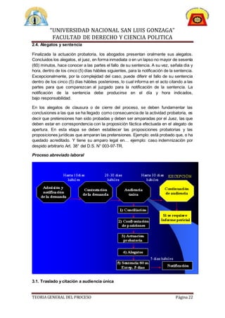 “UNIVERSIDAD NACIONAL SAN LUIS GONZAGA”
FACULTAD DE DERECHO Y CIENCIA POLITICA
TEORIA GENERAL DEL PROCESO Página 22
2.4. Alegatos y sentencia
Finalizada la actuación probatoria, los abogados presentan oralmente sus alegatos.
Concluidos los alegatos, el juez, en forma inmediata o en un lapso no mayor de sesenta
(60) minutos, hace conocer a las partes el fallo de su sentencia. A su vez, señala día y
hora, dentro de los cinco (5) días hábiles siguientes, para la notificación de la sentencia.
Excepcionalmente, por la complejidad del caso, puede diferir el fallo de su sentencia
dentro de los cinco (5) días hábiles posteriores, lo cual informa en el acto citando a las
partes para que comparezcan al juzgado para la notificación de la sentencia. La
notificación de la sentencia debe producirse en el día y hora indicados,
bajo responsabilidad.
En los alegatos de clausura o de cierre del proceso, se deben fundamentar las
conclusiones a las que se ha llegado como consecuencia de la actividad probatoria, es
decir que pretensiones han sido probadas y deben ser amparadas por el Juez, las que
deben estar en correspondencia con la proposición fáctica efectuada en el alegato de
apertura. En esta etapa se deben establecer las proposiciones probatorias y las
proposiciones jurídicas que amparan las pretensiones. Ejemplo: está probado que, o ha
quedado acreditado. Y tiene su amparo legal en… ejemplo: caso indemnización por
despido arbitrario Art. 38° del D.S. N° 003-97-TR.
Proceso abreviado laboral
3.1. Traslado y citación a audiencia única
 
