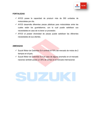 FORTALEZAS

   AYCO posee la capacidad de producir más de 500 unidades de
     motocicletas por día.
   AYCO desarrolla diferentes piezas plásticas para motocicletas entre las
     cuales están los guardabarros, con lo cual puede satisfacer sus
     necesidades en caso de no tener un proveedor.
   AYCO al poseer diversidad de piezas puede satisfacer las diferentes
     necesidades de sus clientes.




AMENAZAS

   Suzuki Motor de Colombia S.A controla el 70% del mercado de motos de 2
     tiempos en el país.
   Suzuki Motor de Colombia S.A en caso de alguna anomalía en el mercado
     nacional, también posee un 35% de ventas en el mercado internacional.
 