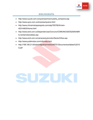 BIBLIOGRAFÍA

   http://www.suzuki.com.co/quienesomos/nuestra_compania.asp
   http://www.ayco.com.co/empresa/quiene.html
   http://www.chinamotospareparts.com/sdp/765792/4/main-
    4031446/0/Home.html
   http://www.andi.com.co/Dependencias/Comunic/COMUNICADOS2009/ABR
    IL/ventamotocicletas.asp
   http://www.andi.com.co/camaras/automotor/SectorCifras.asp
   http://www.publimotos.com/informes.html
   http://198.106.21.83/adminlapatria/medios/65751/Documentos/tablas%2015
    0.pdf
 