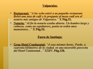 Valparaíso: Restaurant:   “A las ocho entró a un pequeño restaurant. Bebió una taza de café y le pregunto al mozo cuál era el notario más antiguo de Valparaíso.”  X Pág.51. Notaria:  “ Al fin la notaría estaba abierta. Un hombre largo y calmoso, como un sepulturero, ponía en orden unos mamotretos...”  X Pág.52. Fuera de Santiago: Gran Hotel Continental:   “A esas mismas horas, Pardo, a cuarenta kilómetros de la ciudad, en una miserable piececita del Hotel Continental...”  XXIV. Pág.128. 