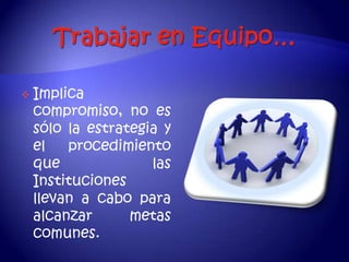    Implica
    compromiso, no es
    sólo la estrategia y
    el   procedimiento
    que              las
    Instituciones
    llevan a cabo para
    alcanzar      metas
    comunes.
 