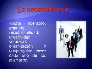    Exista    liderazgo,
    armonía,
    responsabilidad,
    creatividad,
    voluntad,
    organización       y
    cooperación entre
    cada uno de los
    miembros.
 