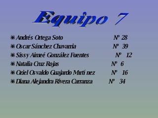 Andrés Ortega Soto  Nº 28 Oscar Sánchez Chavarria  Nº  39 Sissy Aimeé González Fuentes  Nº  12  Natalia Cruz Rojas  Nº  6 Oziel Osvaldo Guajardo Martínez  Nº  16 Diana Alejandra Rivera Carranza  Nº  34 Equipo 7 
