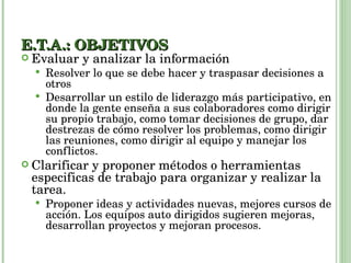 E.T.A.: OBJETIVOS Evaluar y analizar la información Resolver lo que se debe hacer y traspasar decisiones a  otros Desarrollar un estilo de liderazgo más participativo, en donde la gente enseña a sus colaboradores como dirigir su propio trabajo, como tomar decisiones de grupo, dar destrezas de cómo resolver los problemas, como dirigir las reuniones, como dirigir al equipo y manejar los conflictos. Clarificar y proponer métodos o herramientas especificas de trabajo para organizar y realizar la tarea.  Proponer ideas y actividades nuevas, mejores cursos de acción. Los equipos auto dirigidos sugieren mejoras, desarrollan proyectos y mejoran procesos. 