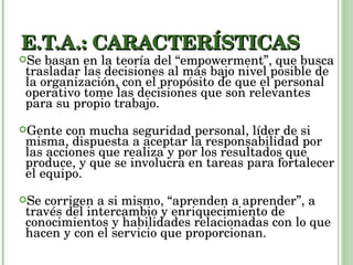 E.T.A.: CARACTERÍSTICAS Se basan en la teoría del “empowerment”, que busca trasladar las decisiones al más bajo nivel posible de la organización, con el propósito de que el personal operativo tome las decisiones que son relevantes para su propio trabajo. Gente con mucha seguridad personal, líder de si misma, dispuesta a aceptar la responsabilidad por las acciones que realiza y por los resultados que produce, y que se involucra en tareas para fortalecer el equipo. Se corrigen a si mismo, “aprenden a aprender”, a través del intercambio y enriquecimiento de conocimientos y habilidades relacionadas con lo que hacen y con el servicio que proporcionan. 