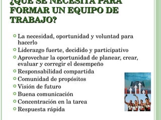 ¿QUÉ SE NECESITA PARA FORMAR UN EQUIPO DE TRABAJO?   La necesidad, oportunidad y voluntad para hacerlo Liderazgo fuerte, decidido y participativo Aprovechar la oportunidad de planear, crear, evaluar y corregir el desempeño Responsabilidad compartida Comunidad de propósitos Visión de futuro Buena comunicación Concentración en la tarea Respuesta rápida 