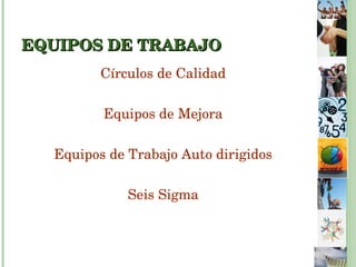 EQUIPOS DE TRABAJO Círculos de Calidad Equipos de Mejora Equipos de Trabajo Auto dirigidos Seis Sigma 