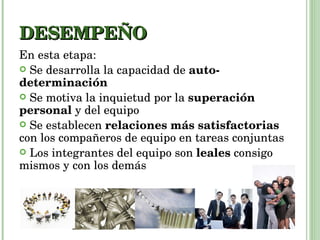 DESEMPEÑO En esta etapa: Se desarrolla la capacidad de  auto-determinación Se motiva la inquietud por la  superación personal  y del equipo Se establecen  relaciones más satisfactorias  con los compañeros de equipo en tareas conjuntas Los integrantes del equipo son  leales  consigo mismos y con los demás 