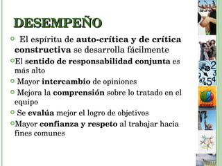 DESEMPEÑO El espíritu de  auto-crítica y de crítica constructiva  se desarrolla fácilmente El  sentido de responsabilidad conjunta  es más alto Mayor  intercambio  de opiniones Mejora la  comprensión  sobre lo tratado en el equipo Se  evalúa  mejor el logro de objetivos Mayor  confianza y respeto  al trabajar hacia fines comunes 