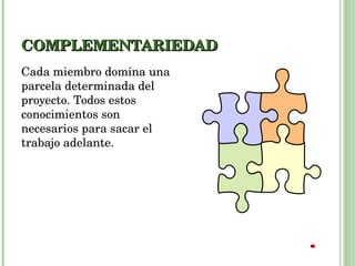 COMPLEMENTARIEDAD Cada miembro domina una parcela determinada del proyecto. Todos estos conocimientos son necesarios para sacar el trabajo adelante.  