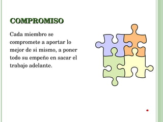 COMPROMISO Cada miembro se compromete a aportar lo mejor de si mismo, a poner todo su empeño en sacar el trabajo adelante.  