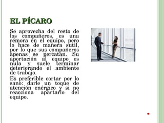 EL PÍCARO Se aprovecha del resto de los compañeros, es una rémora en el equipo, pero lo hace de manera sutil, por lo que sus compañeros apenas se percatan. Su aportación al equipo es nula y suele terminar deteriorando el ambiente de trabajo.  Es preferible cortar por lo sano: darle un toque de atención enérgico y si no reacciona apartarlo del equipo. 