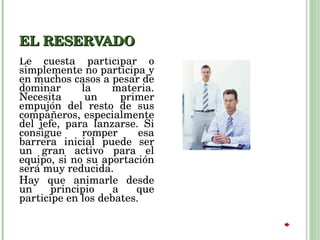 EL RESERVADO Le cuesta participar o simplemente no participa y en muchos casos a pesar de dominar la materia. Necesita un primer empujón del resto de sus compañeros, especialmente del jefe, para lanzarse. Si consigue romper esa barrera inicial puede ser un gran activo para el equipo, si no su aportación será muy reducida.  Hay que animarle desde un principio a que participe en los debates.  