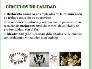 CÍRCULOS DE CALIDAD Reducido número  de   empleados de la  misma área  de trabajo con o sin su supervisor Se reúnen  voluntaria  y regularmente para estudiar técnicas de  mejoramiento  de control de calidad y de productividad, con el fin  Identifican y solucionan  dificultades relacionadas con problemas vinculados a su trabajo. 