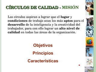 CÍRCULOS DE CALIDAD -  MISIÓN Los círculos aspiran a lograr que el  lugar  y  condiciones  de trabajo sean los más  aptos  para el  desarrollo  de la inteligencia y la creatividad del trabajador, para con ello lograr un  alto nivel de calidad  en todas las áreas de la organización. Objetivos Principios Características 