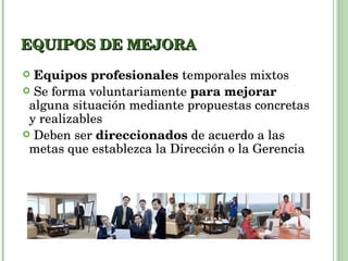 EQUIPOS DE MEJORA Equipos profesionales  temporales mixtos Se forma voluntariamente  para mejorar  alguna situación mediante propuestas concretas y realizables  Deben ser  direccionados  de acuerdo a las metas que establezca la Dirección o la Gerencia 