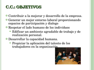 C.C.: OBJETIVOS Contribuir a la mejorar y desarrollo de la empresa. Generar un mejor entorno laboral proporcionando espacios de participación y dialogo Respetar el lado humano de los individuos Edificar un ambiente agradable de trabajo y de realización personal. Desarrollar la capacidad humana. Propiciar la aplicación del talento de los trabajadores en la organización. 