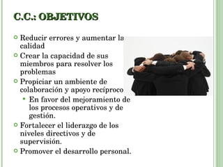 C.C.: OBJETIVOS Reducir errores y aumentar la calidad Crear la capacidad de sus miembros para resolver los problemas Propiciar un ambiente de colaboración y apoyo recíproco En favor del mejoramiento de los procesos operativos y de gestión. Fortalecer el liderazgo de los niveles directivos y de supervisión. Promover el desarrollo personal. 