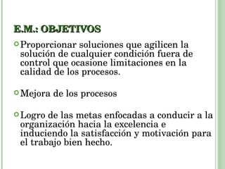 E.M.: OBJETIVOS Proporcionar soluciones que agilicen la solución de cualquier condición fuera de control que ocasione limitaciones en la calidad de los procesos. Mejora de los procesos Logro de las metas enfocadas a conducir a la organización hacia la excelencia e induciendo la satisfacción y motivación para el trabajo bien hecho. 