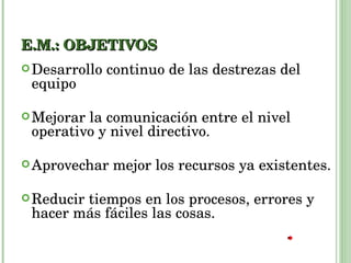 E.M.: OBJETIVOS Desarrollo continuo de las destrezas del equipo Mejorar la comunicación entre el nivel operativo y nivel directivo. Aprovechar mejor los recursos ya existentes. Reducir tiempos en los procesos, errores y hacer más fáciles las cosas. 