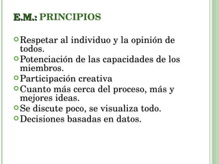 E.M.:  PRINCIPIOS Respetar al individuo y la opinión de todos. Potenciación de las capacidades de los miembros. Participación creativa Cuanto más cerca del proceso, más y mejores ideas. Se discute poco, se visualiza todo. Decisiones basadas en datos. 