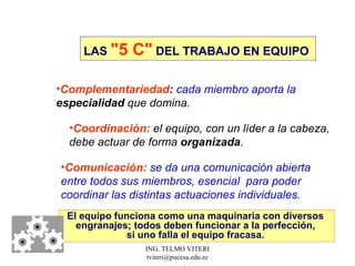 LAS  "5 C"  DEL TRABAJO EN EQUIPO  Complementariedad :  cada miembro aporta la  especialidad  que domina.  Coordinación:   el equipo, con un líder a la cabeza, debe actuar de forma  organizada . Comunicación:  se da una comunicación abierta entre todos sus miembros, esencial  para poder coordinar las distintas actuaciones individuales. El equipo funciona como una maquinaria con diversos  engranajes; todos deben funcionar a la perfección,  si uno falla el equipo fracasa.  