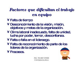 Factores que dificultan el trabajo en equipo Falta de tiempo  Desconocimiento de la visión, misión, objetivos y metas de la organización. Clima laboral inadecuado, falta de unidad, lucha por poder, temor, desconfianza. Falta o falla en el liderazgo. Falta de reconocimiento de parte de los lideres de la organización. Fracasos. 