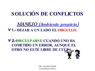 SOLUCIÓN DE CONFLICTOS MANEJO ( Ambiente propicio ) 1.-  DEJAR A UN LADO EL  ORGULLO . 2.- DISCULPARSE   CUANDO UNO HA  COMETIDO UN ERROR, AUNQUE EL OTRO NO ESTÉ LIBRE DE CULPA . 