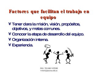 Factores que facilitan el trabajo en equipo   Tener clara la misión, visión, propósitos, objetivos, y metas comunes. Conocer la etapa de desarrollo del equipo. Organización interna. Experiencia. 