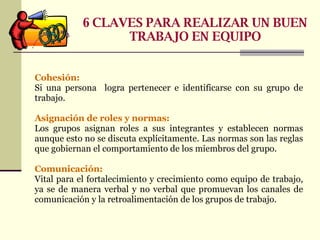 Cohesión:   Si una persona   logra pertenecer e identificarse con su grupo de trabajo. Asignación de roles y normas: Los grupos asignan roles a sus integrantes y establecen normas aunque esto no se discuta explícitamente. Las normas son las reglas que gobiernan el comportamiento de los miembros del grupo. Comunicación:  Vital para el fortalecimiento y crecimiento como equipo de trabajo, ya se de manera verbal y no verbal que promuevan los canales de comunicación y la retroalimentación de los grupos de trabajo. 6 CLAVES PARA REALIZAR UN BUEN TRABAJO EN EQUIPO 