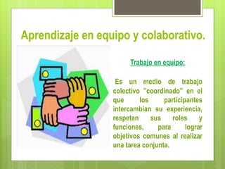 Aprendizaje en equipo y colaborativo.
Trabajo en equipo:
Es un medio de trabajo
colectivo ”coordinado” en el
que los participantes
intercambian su experiencia,
respetan sus roles y
funciones, para lograr
objetivos comunes al realizar
una tarea conjunta.