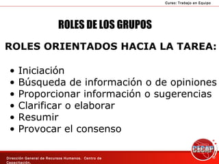 ROLES DE LOS GRUPOS ROLES ORIENTADOS HACIA LA TAREA: Iniciación Búsqueda de información o de opiniones Proporcionar información o sugerencias Clarificar o elaborar Resumir Provocar el consenso 