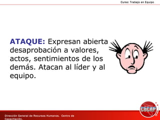 ATAQUE:  Expresan abierta desaprobación a valores,  actos, sentimientos de los demás. Atacan al líder y al equipo. 
