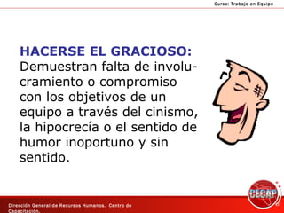 HACERSE EL GRACIOSO: Demuestran falta de involu- cramiento o compromiso  con los objetivos de un  equipo a través del cinismo, la hipocrecía o el sentido de humor inoportuno y sin  sentido. 