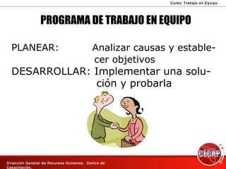 PROGRAMA DE TRABAJO EN EQUIPO PLANEAR:  Analizar causas y estable- cer objetivos   DESARROLLAR: Implementar una solu- ción y probarla 